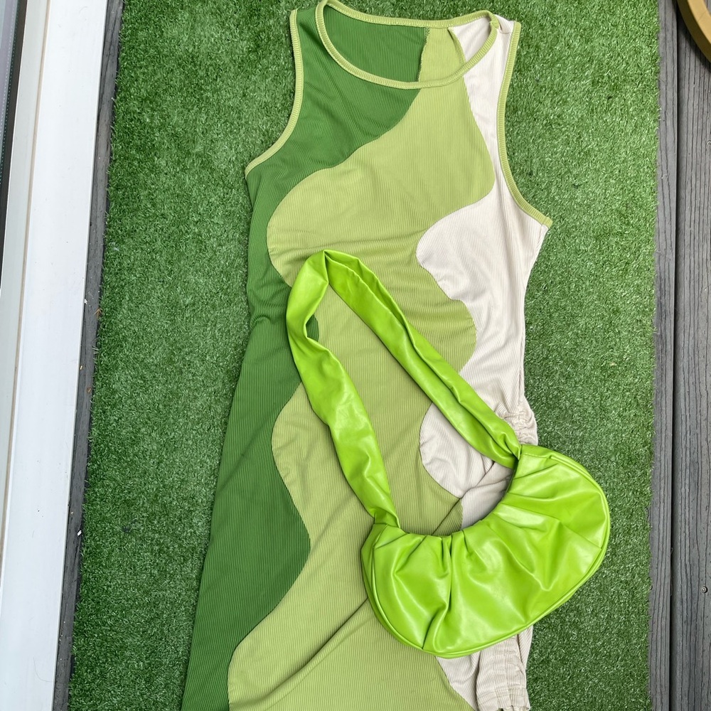 Green and Cream Wave Pattern Dress with Lime Green Bag